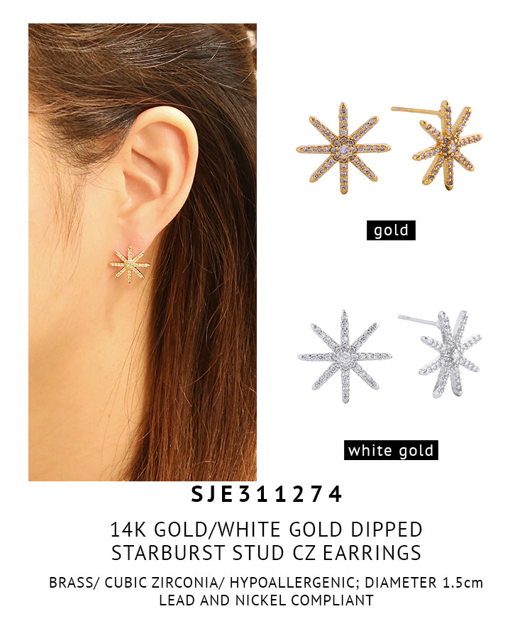 14K Gold Dipped Starburst Stud Cz Earrings