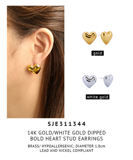 14K Gold Dipped Bold Heart Stud Earrings