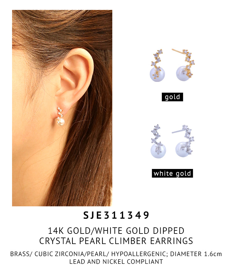 14K Gold Dipped Crystal Pearl Climber Earrings