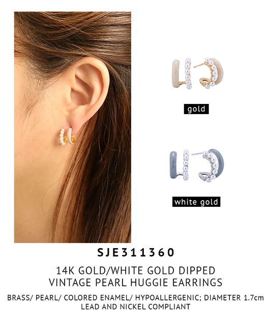 14K Gold Dipped Vintage Pearl Huggie Earrings