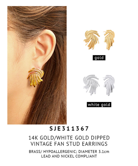 14K Gold Dipped Vintage Fan Stud Earrings