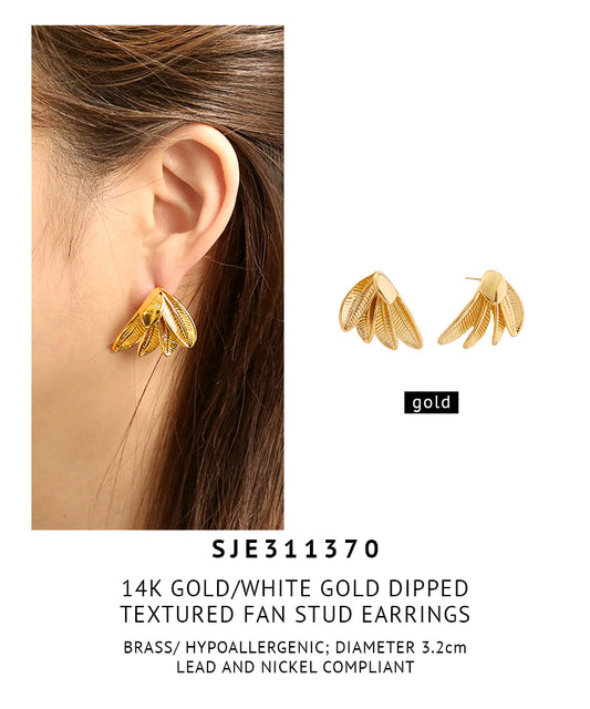 14K Gold Dipped Textured Fan Stud Earrings