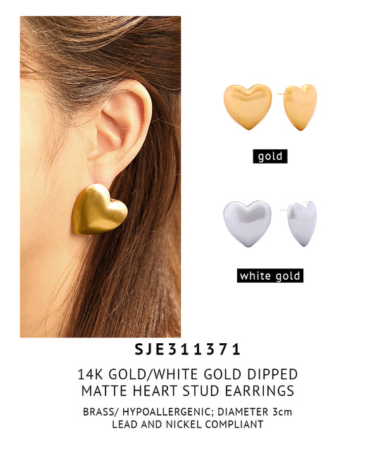 14K Gold Dipped Matte Heart Stud Earrings
