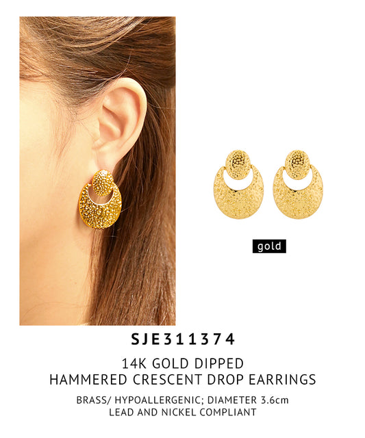 14K Gold Dipped Hammered Crescent Drop Earrings