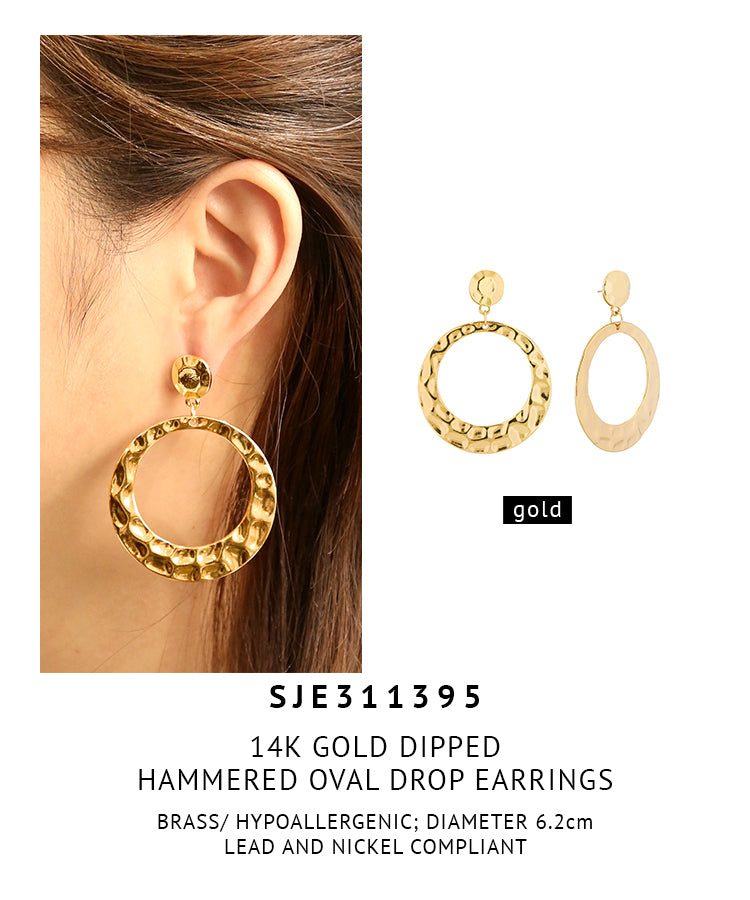 14K Gold Dipped Hammered Oval Drop Earrings