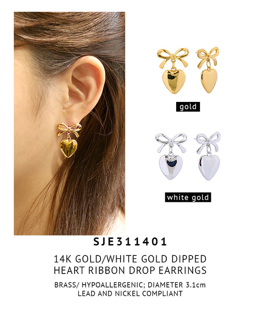 14K Gold Dipped Heart Ribbon Drop Earrings