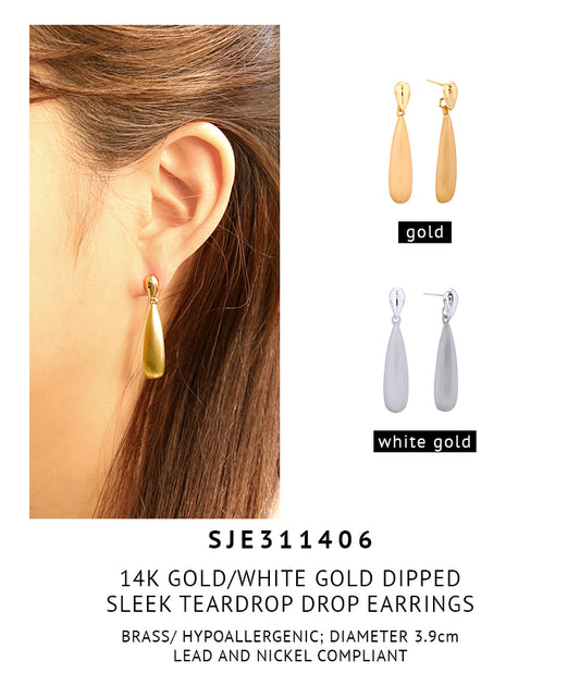 14K Gold Dipped Sleek Teardrop Drop Earrings