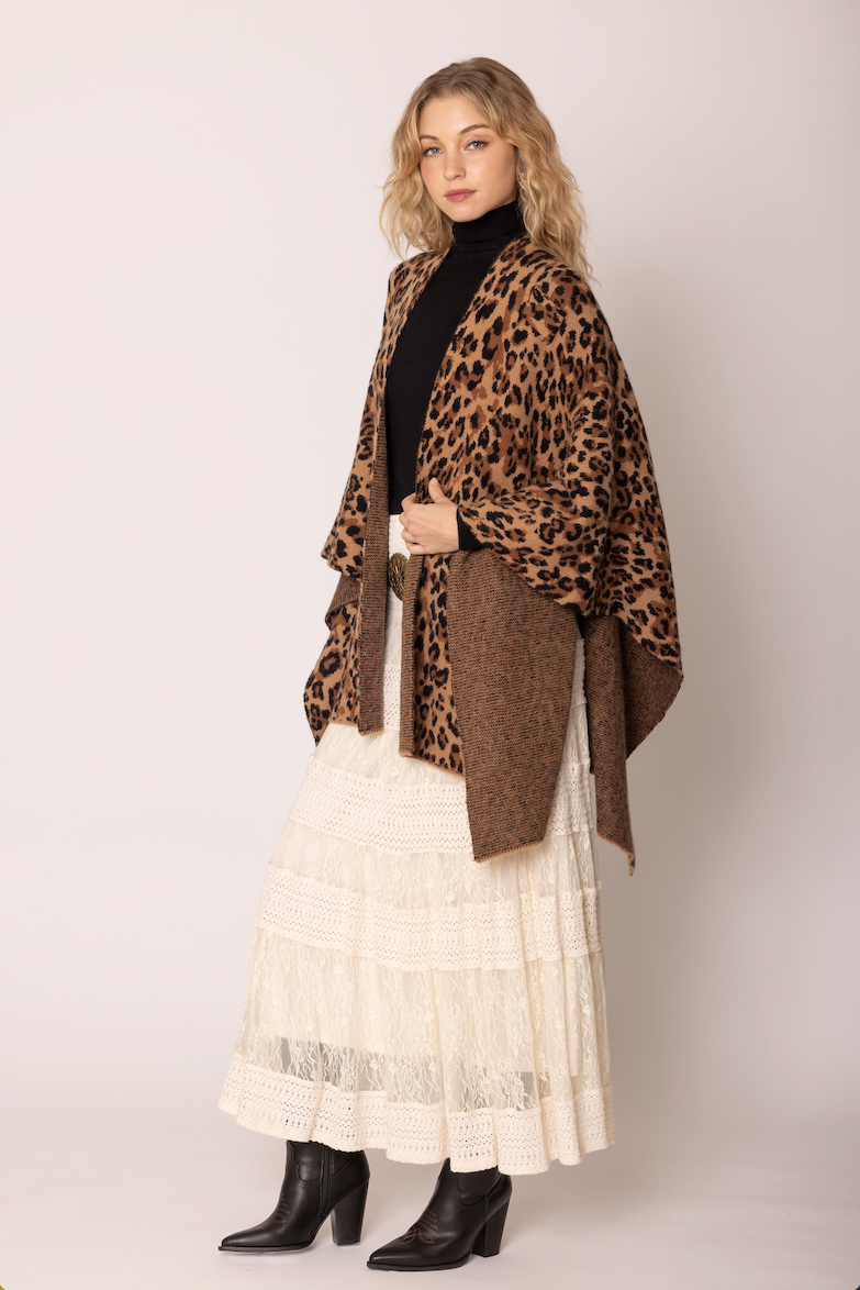 Leopard Knit Ruana with Shoulder Strap