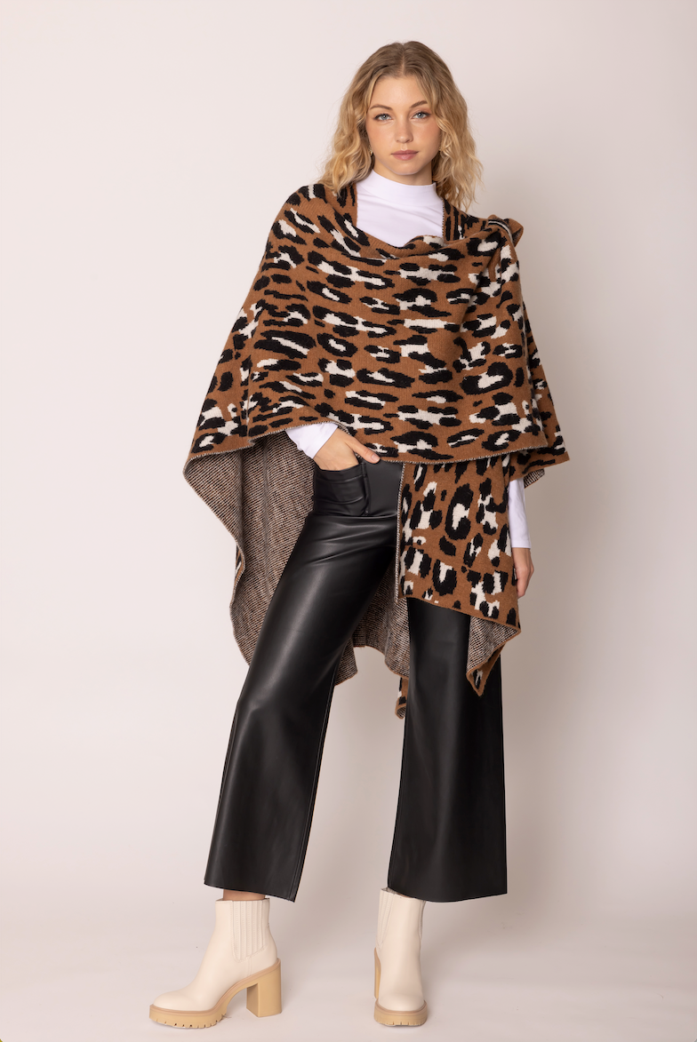 Leopard Knit Ruana with Shoulder Strap