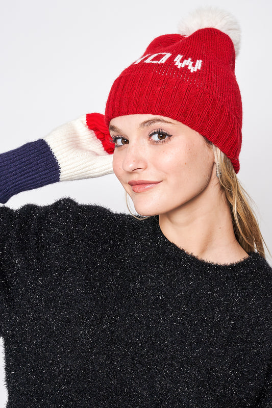 Snow Verbiage Faux Fur Pom Beanie