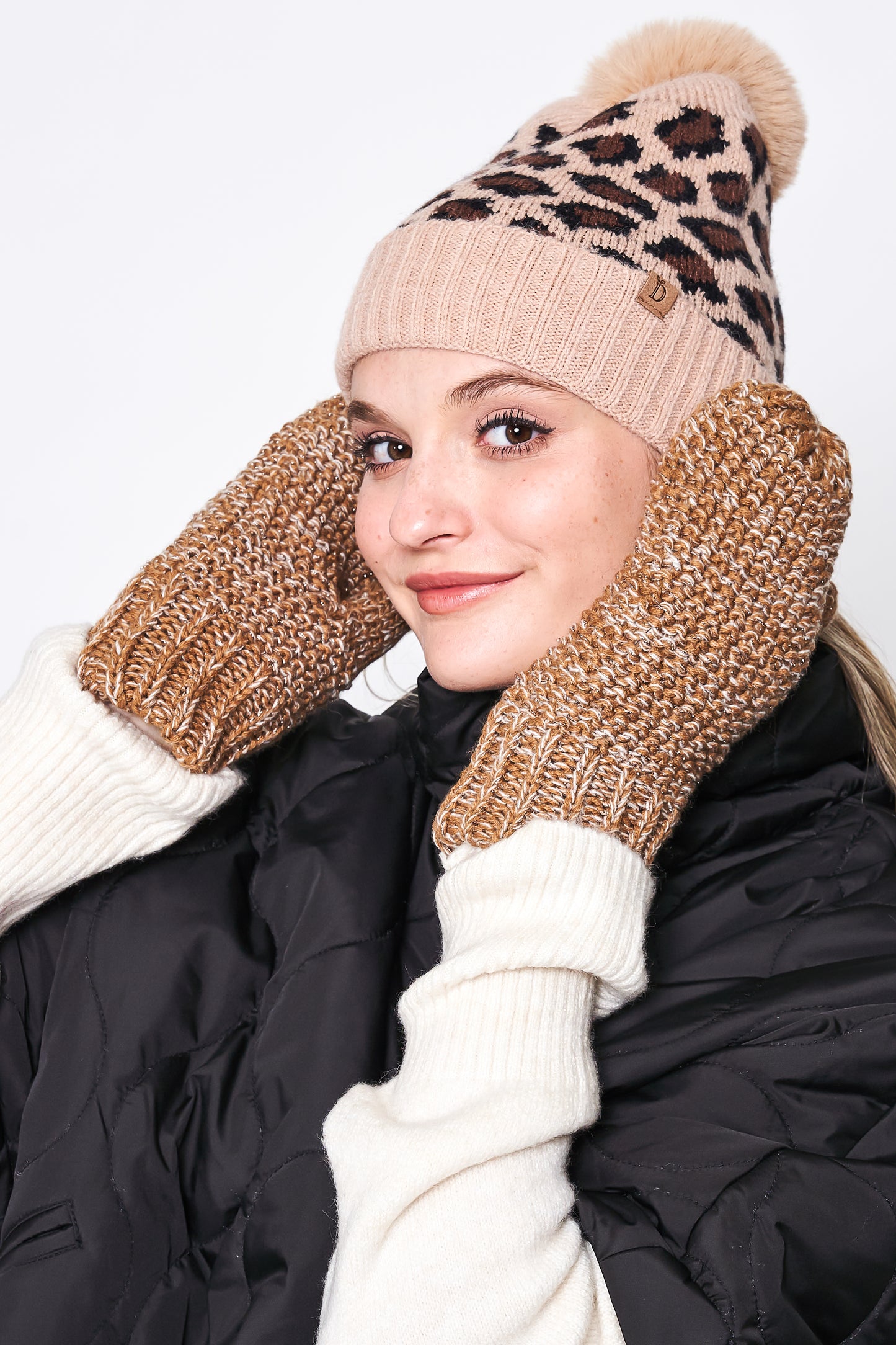 Leopard Rib Beanie With Faux Fur Pom