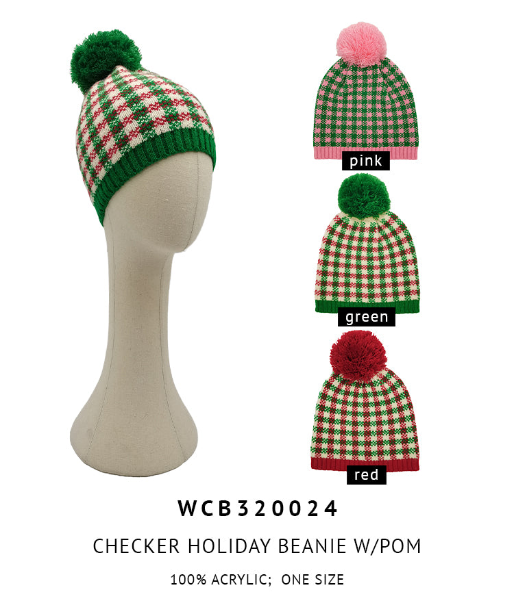 Checker Holiday Beanie With Pom