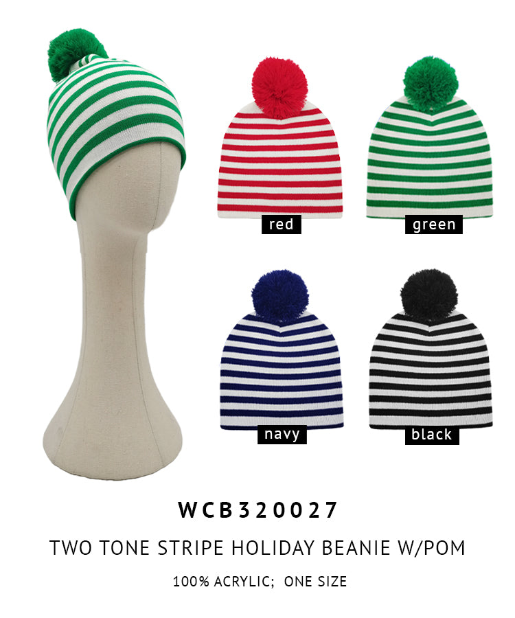 Two Tone Stripe Pom Beanie