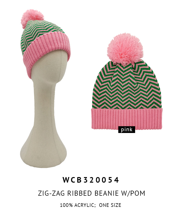 Zig-Zag Ribbed Beanie With Pom