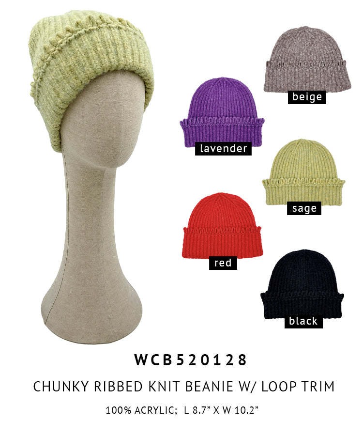 Chunky Ribbed Knit Beanie with Loop Trim