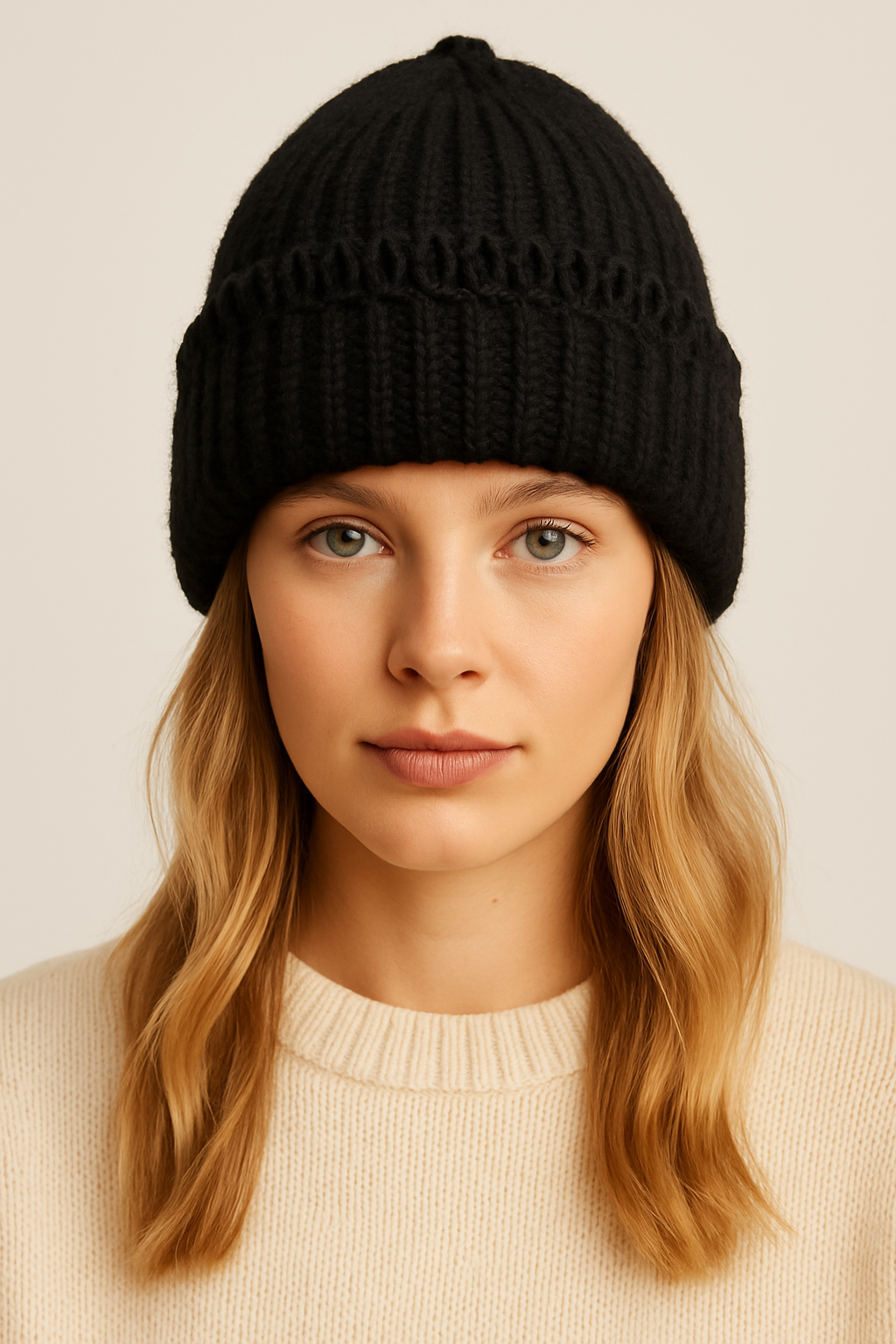 Chunky Ribbed Knit Beanie with Loop Trim