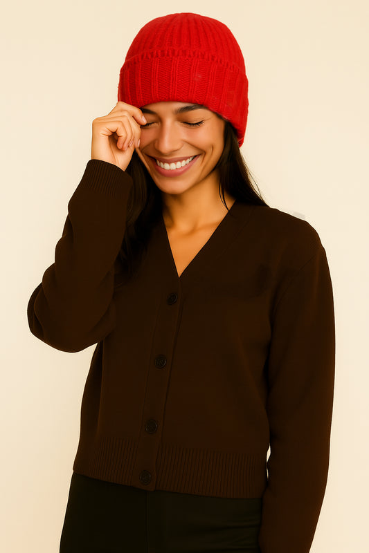 Chunky Ribbed Knit Beanie with Loop Trim