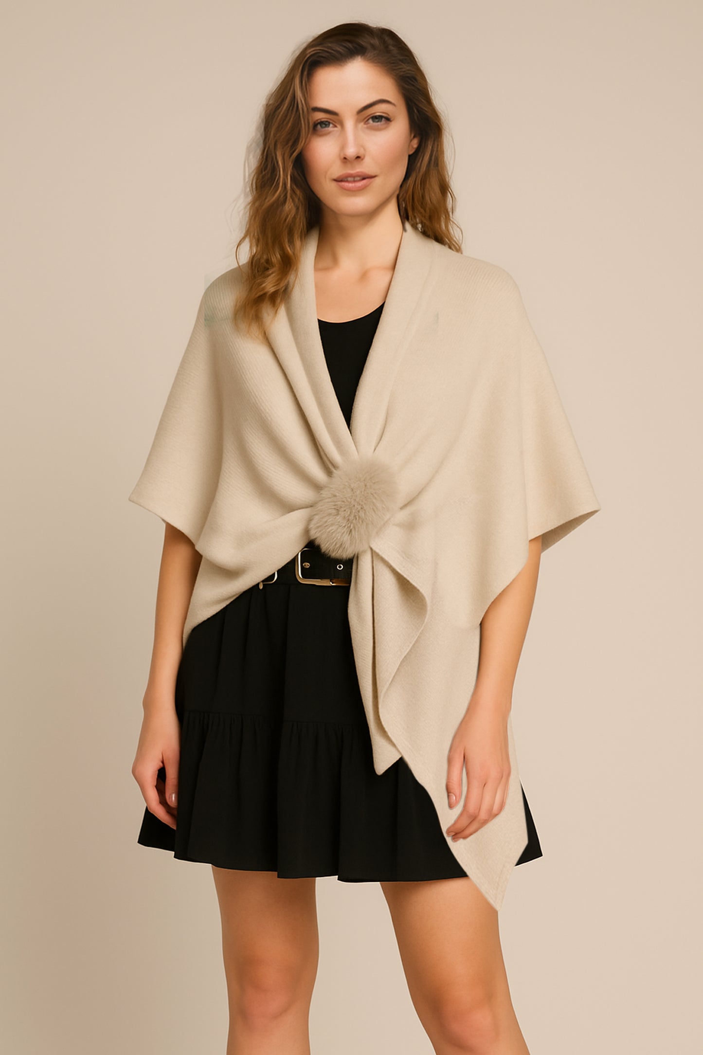 Solid Ruana with Fur Strap