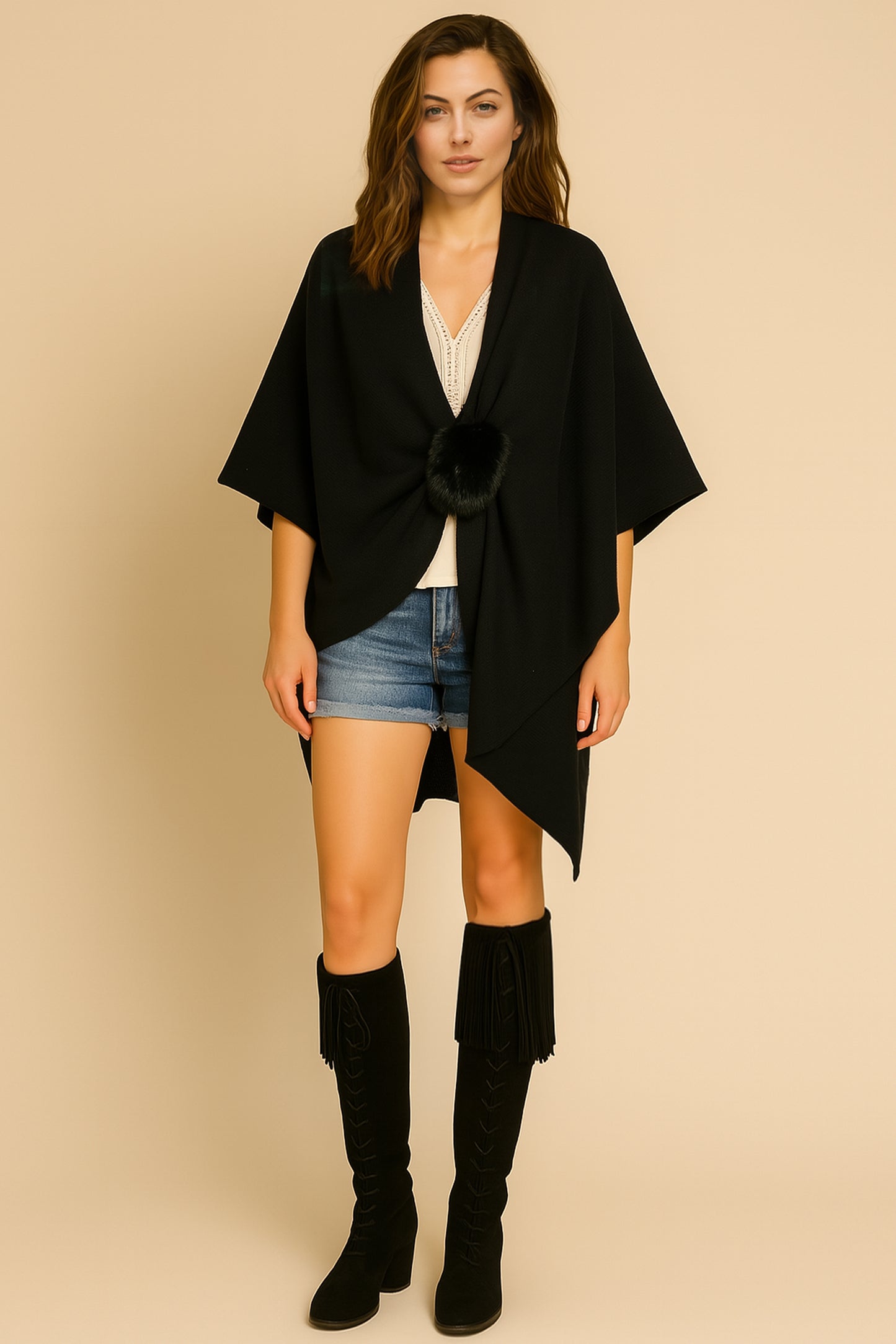 Solid Ruana with Fur Strap