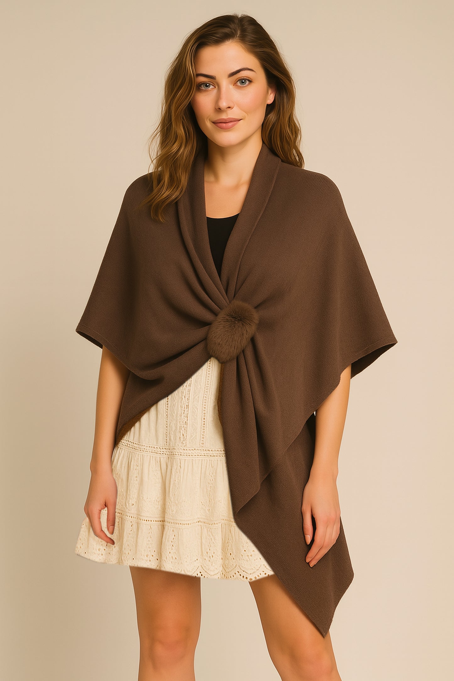 Solid Ruana with Fur Strap