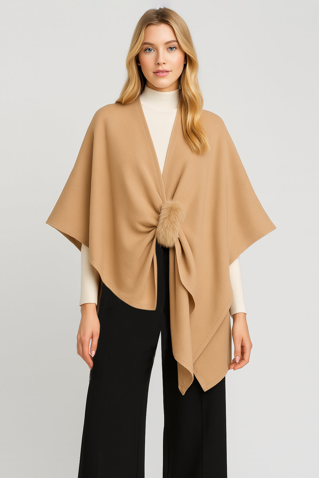 Solid Ruana with Fur Strap