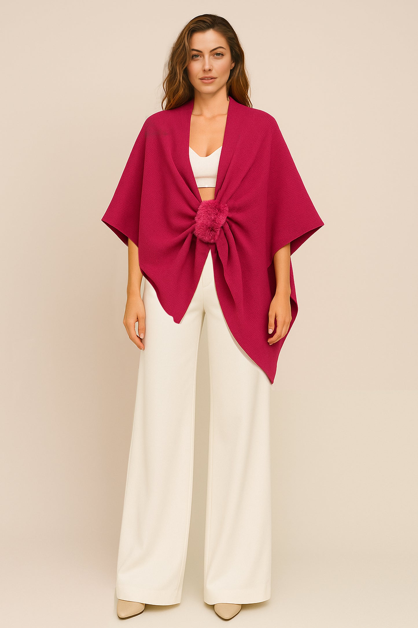 Solid Ruana with Fur Strap