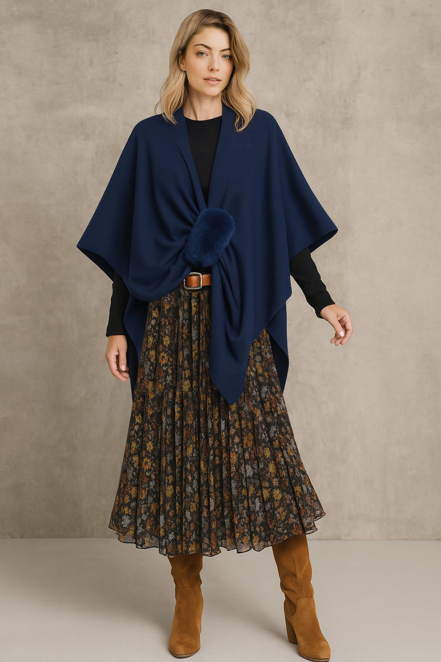 Solid Ruana with Fur Strap