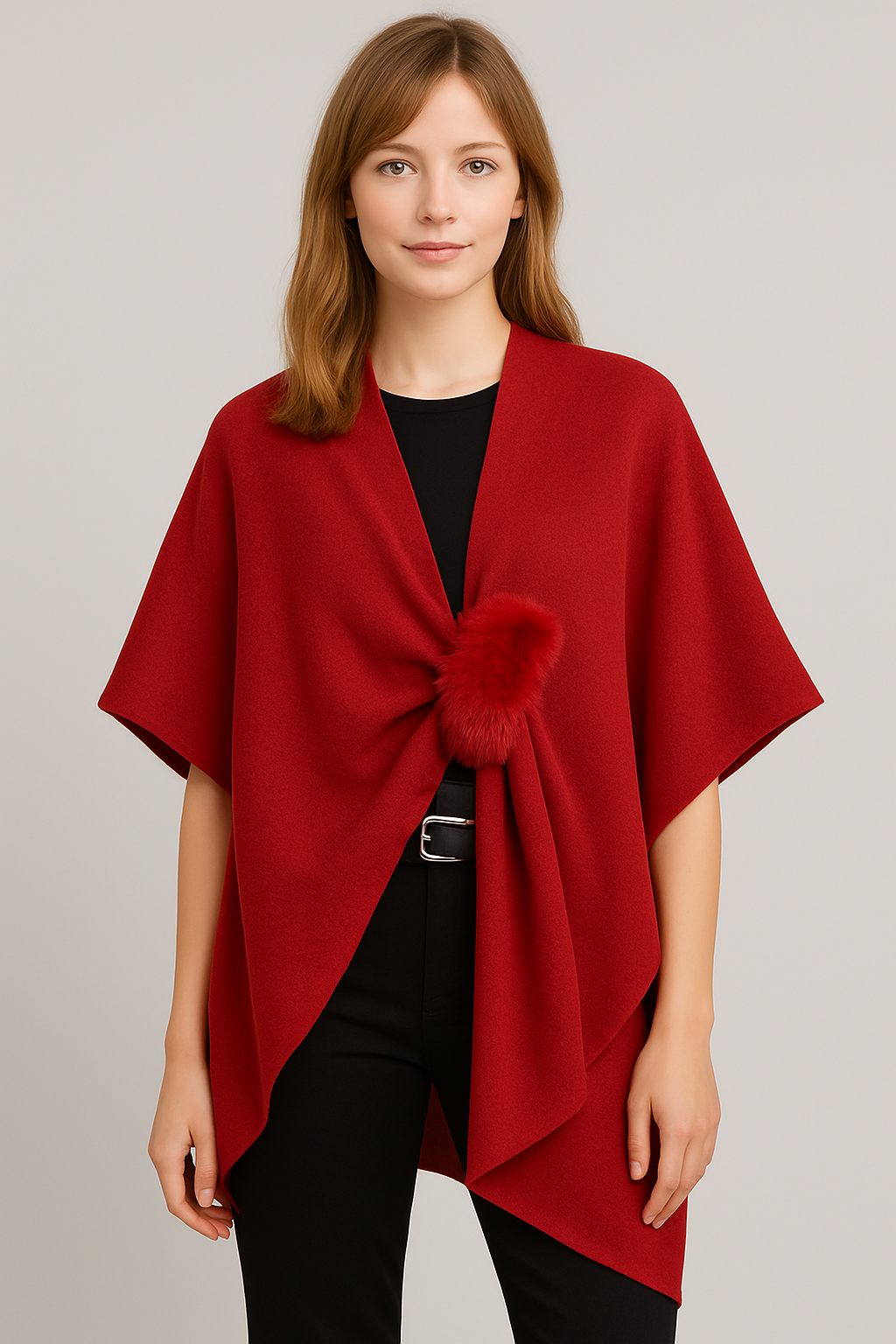 Solid Ruana with Fur Strap