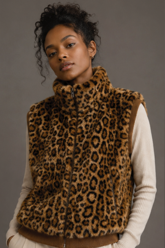 Leopard Faux Fur Rib Sleeve Vest