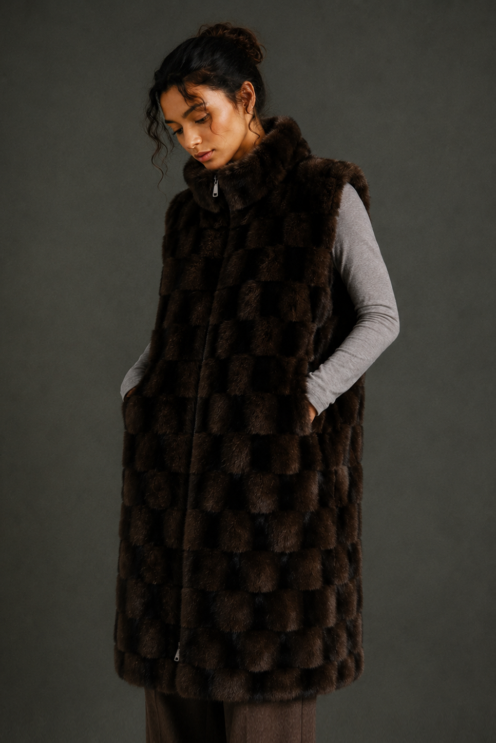 Checkered Faux Fur Long Vest