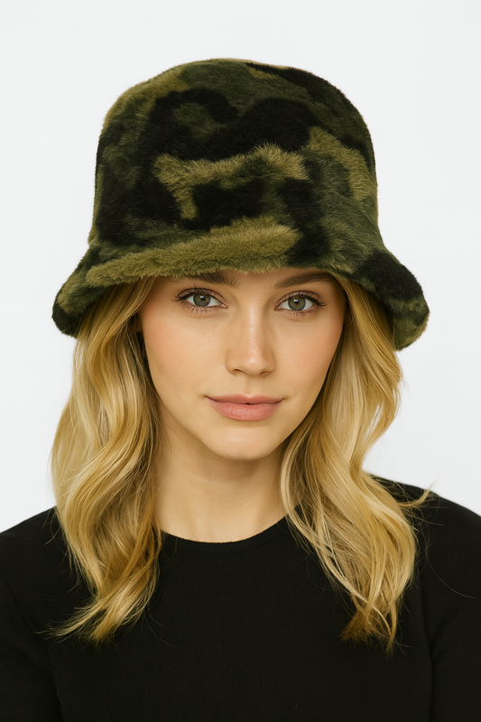 Camo Faux Fur Bucket Hat