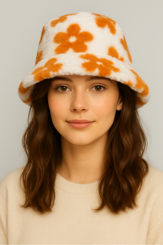 Floral Printed Faux Fur Bucket Hat