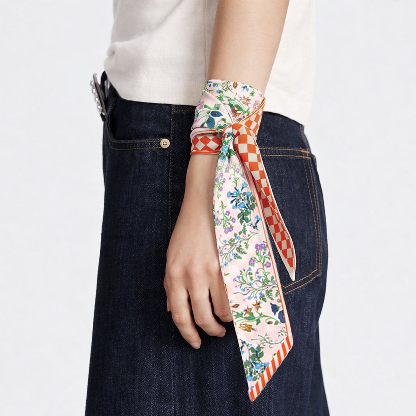 Check Floral Skinny Scarf