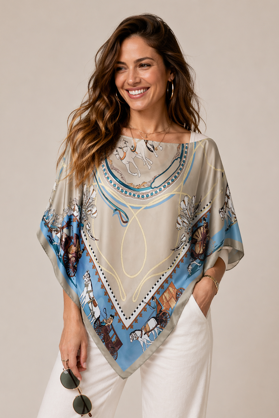 Silky Satin Print Scarf Poncho