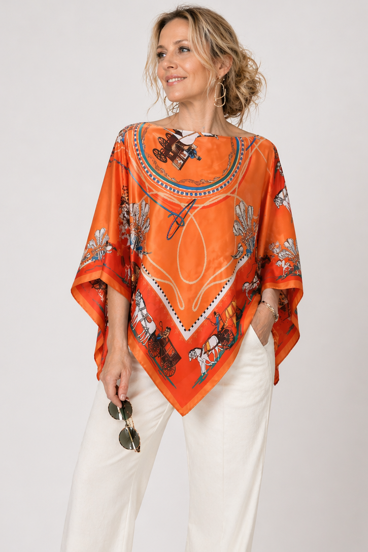 Silky Satin Print Scarf Poncho