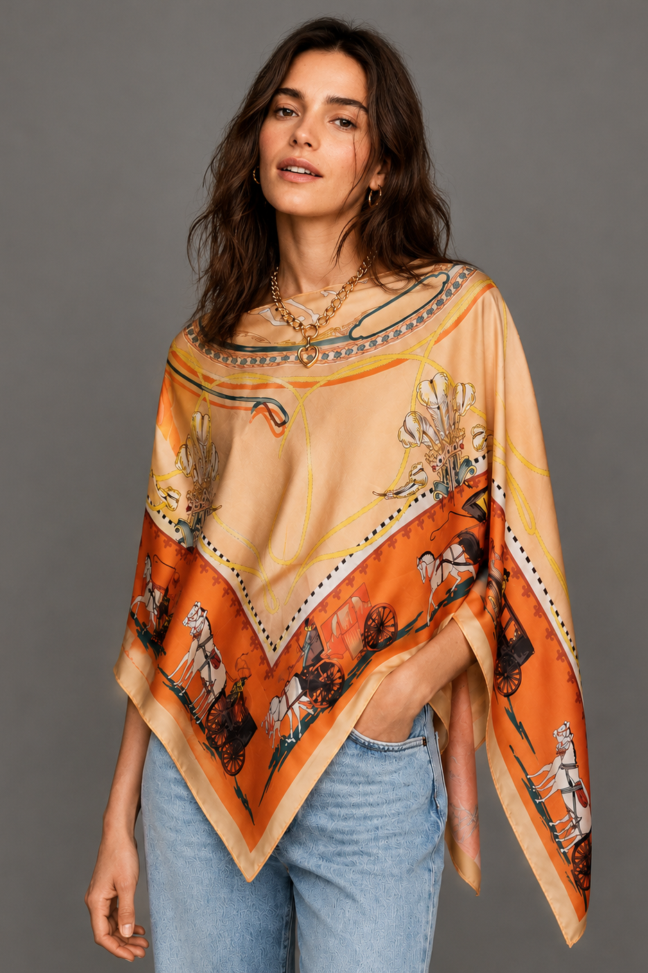 Silky Satin Print Scarf Poncho