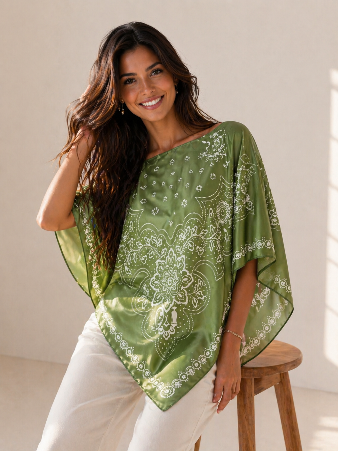 Silky Satin Print Scarf Poncho