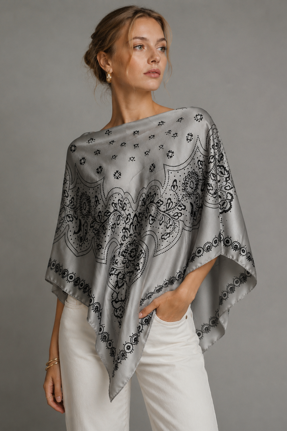 Silky Satin Print Scarf Poncho