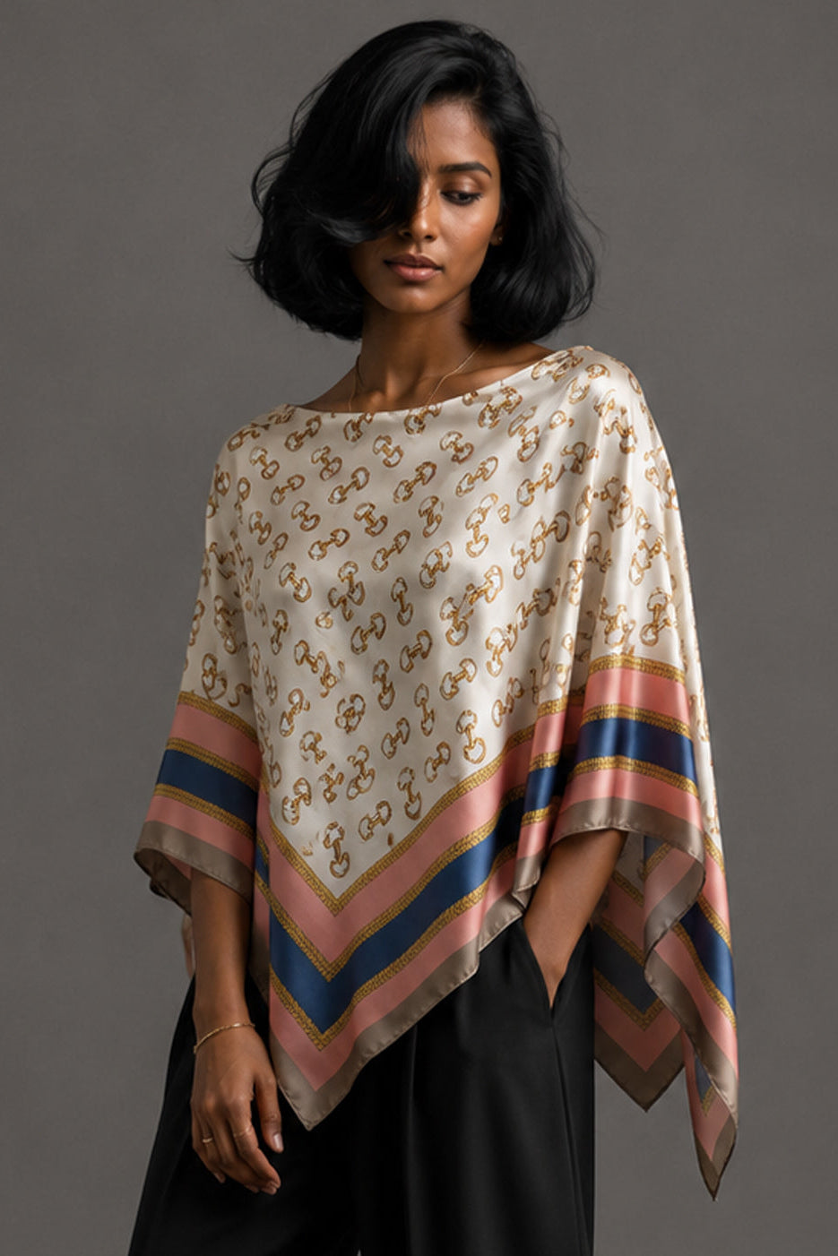 Silky Satin Print Scarf Poncho