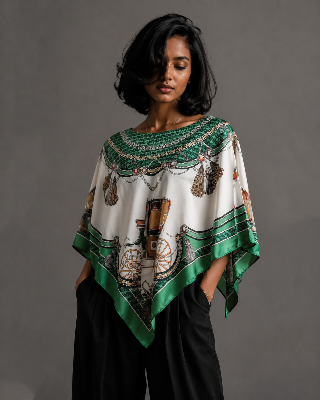 Silky Satin Print Scarf Poncho