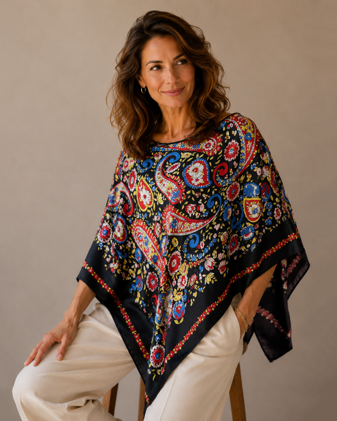 Silky Satin Print Scarf Poncho