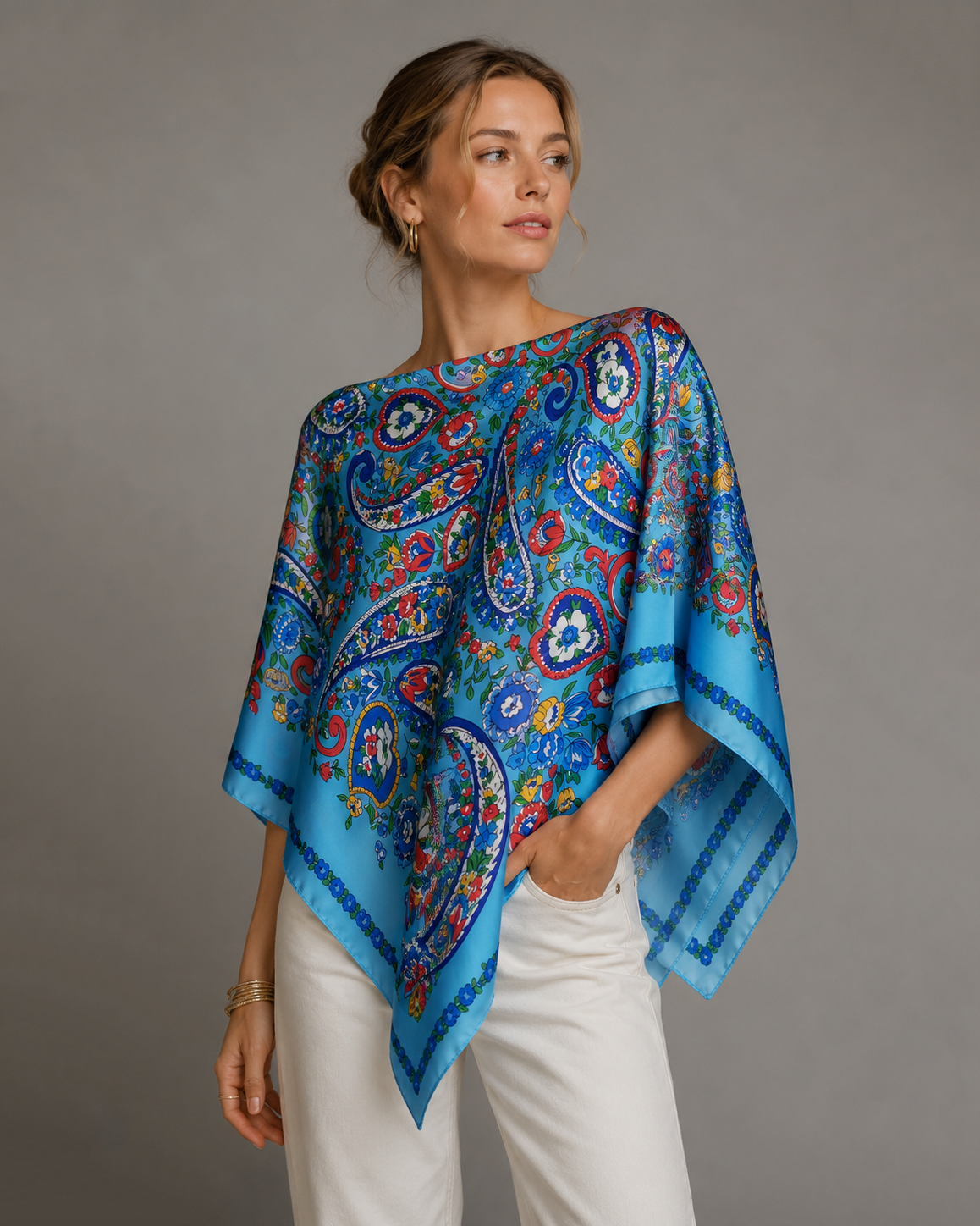 Silky Satin Print Scarf Poncho