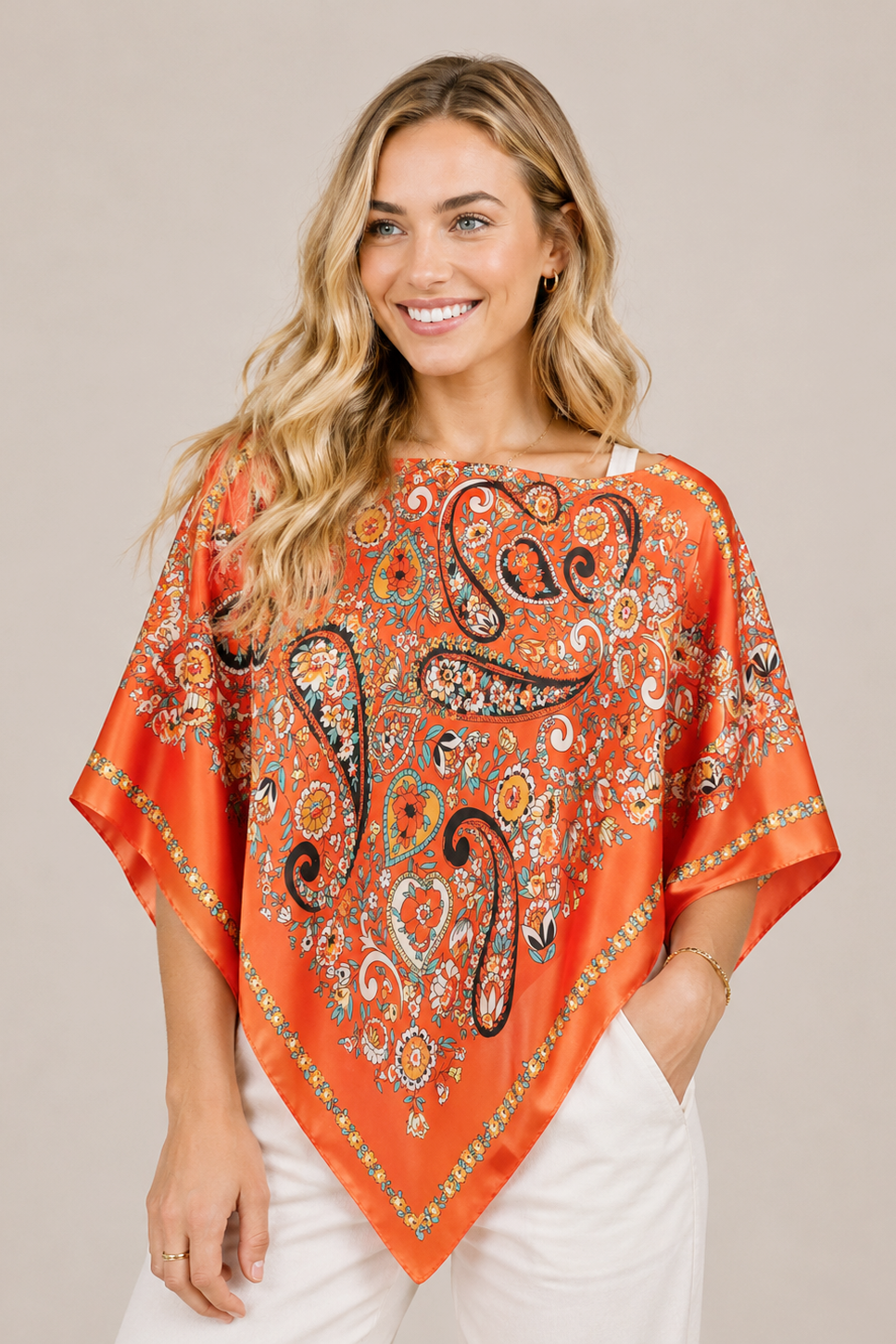 Silky Satin Print Scarf Poncho