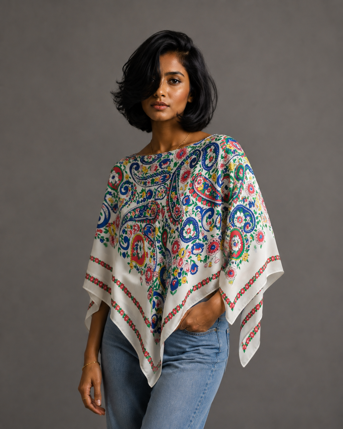 Silky Satin Print Scarf Poncho