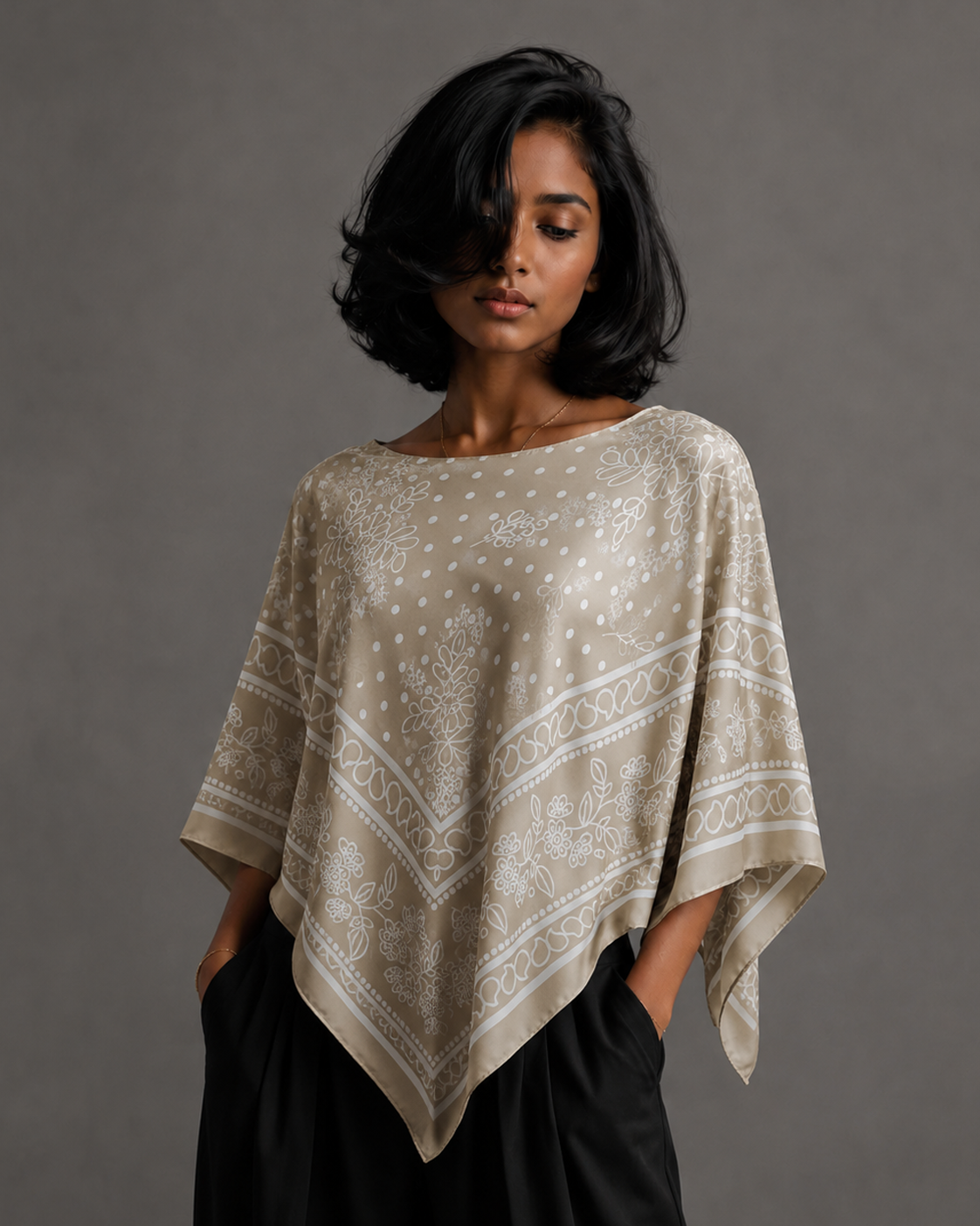Silky Satin Print Scarf Poncho