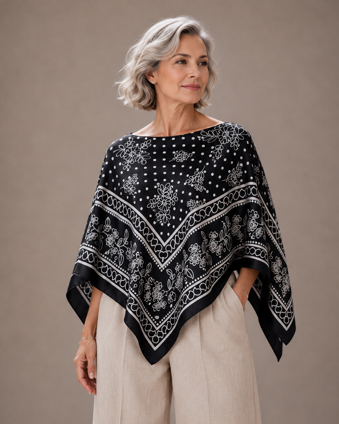 Silky Satin Print Scarf Poncho