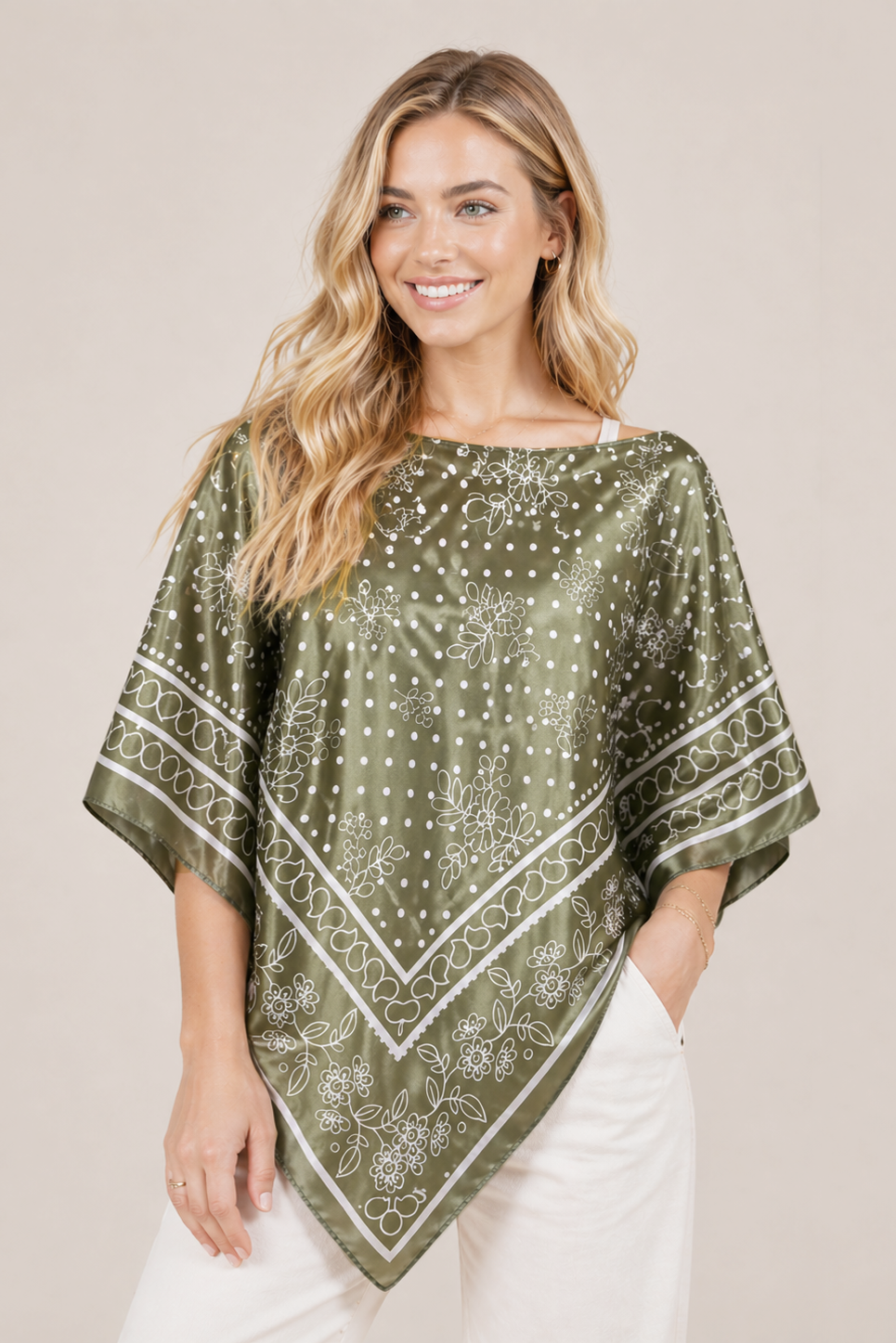 Silky Satin Print Scarf Poncho