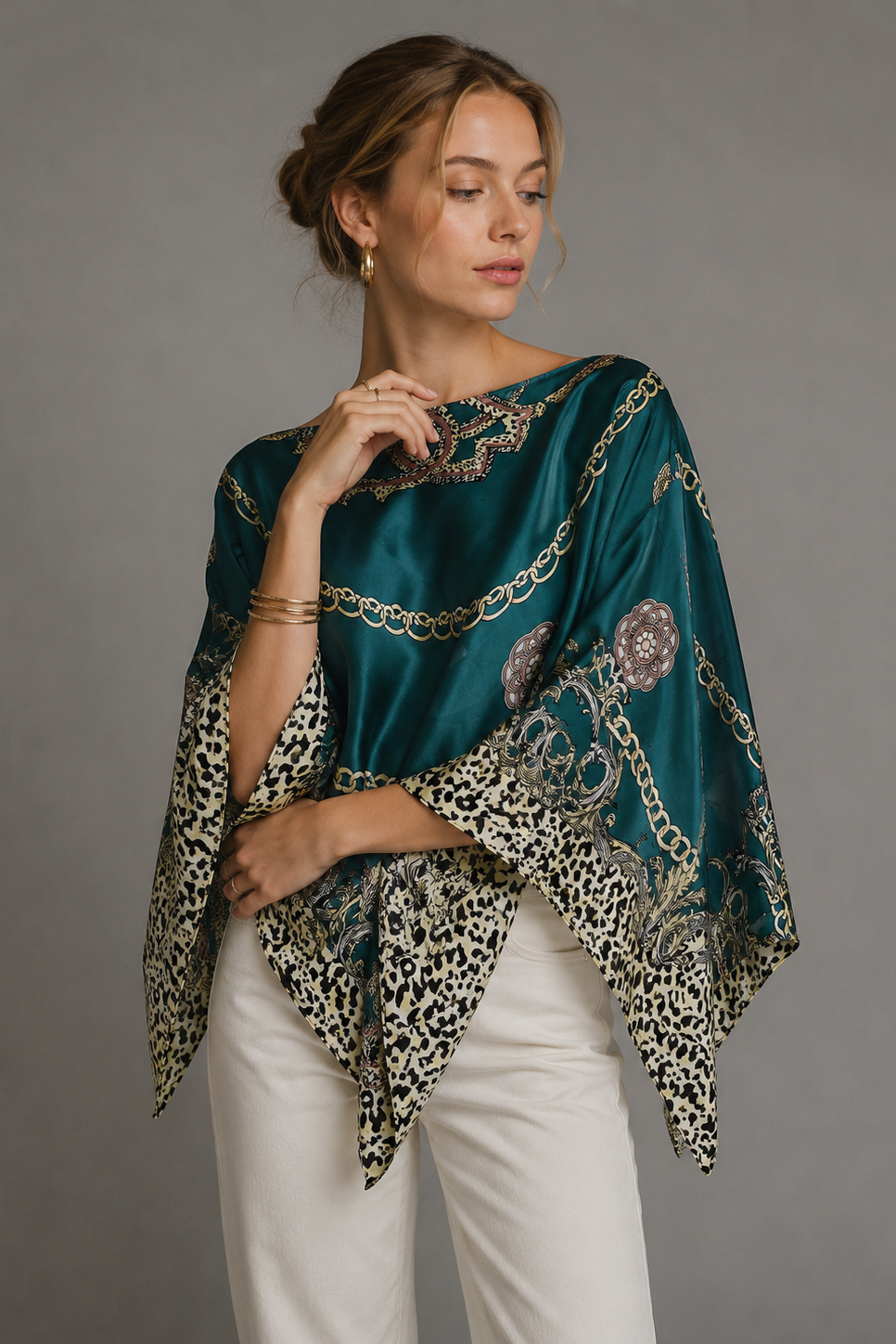 Silky Satin Print Scarf Poncho