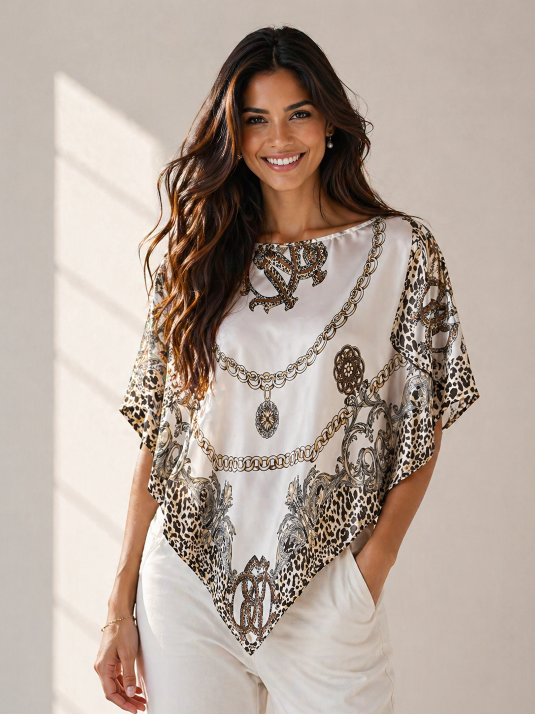 Silky Satin Print Scarf Poncho