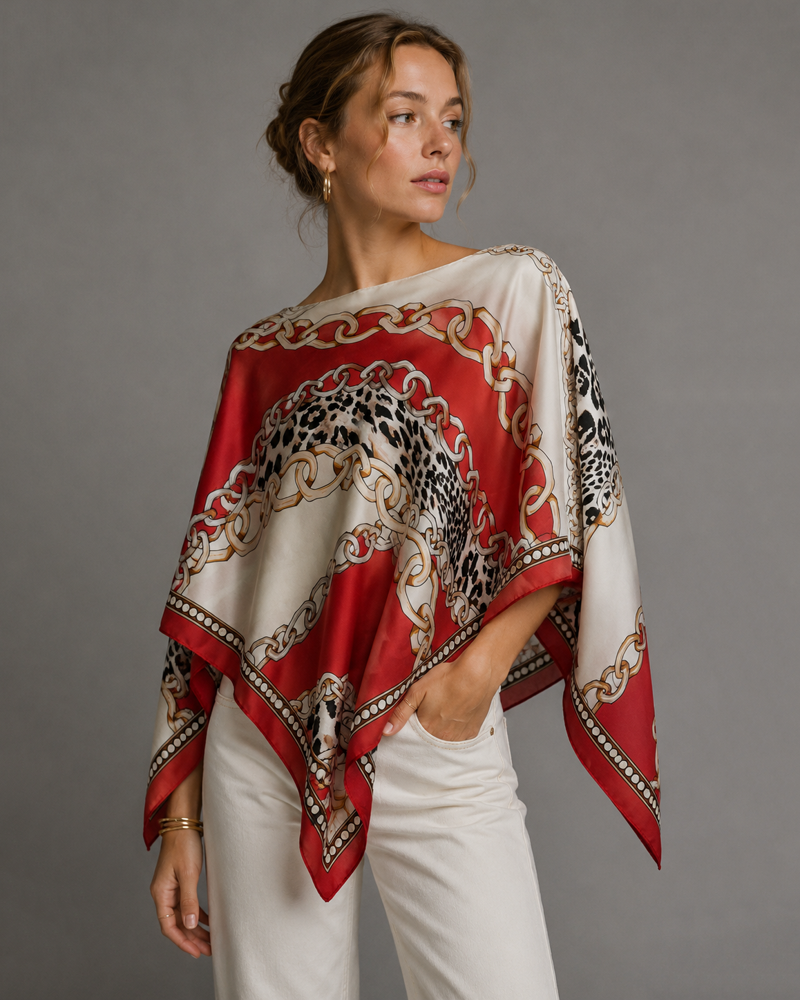 Silky Satin Print Scarf Poncho